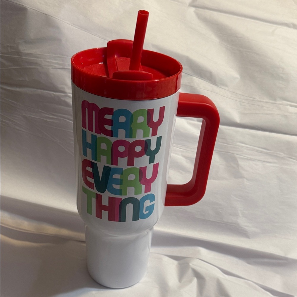 Sleigh Bell Bistro 40 ounce Christmas tumbler “Merry Happy Every Thing”